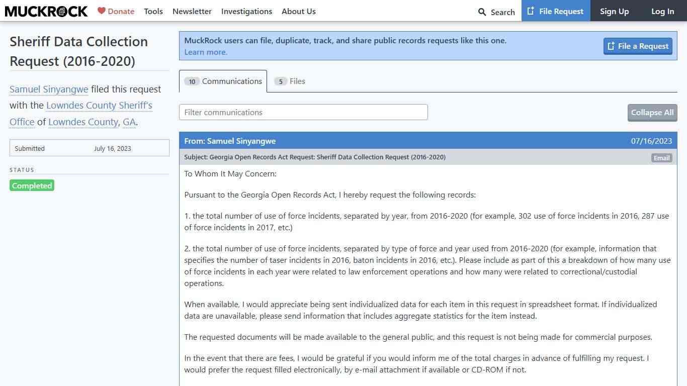 Sheriff Data Collection Request (2016-2020) • MuckRock