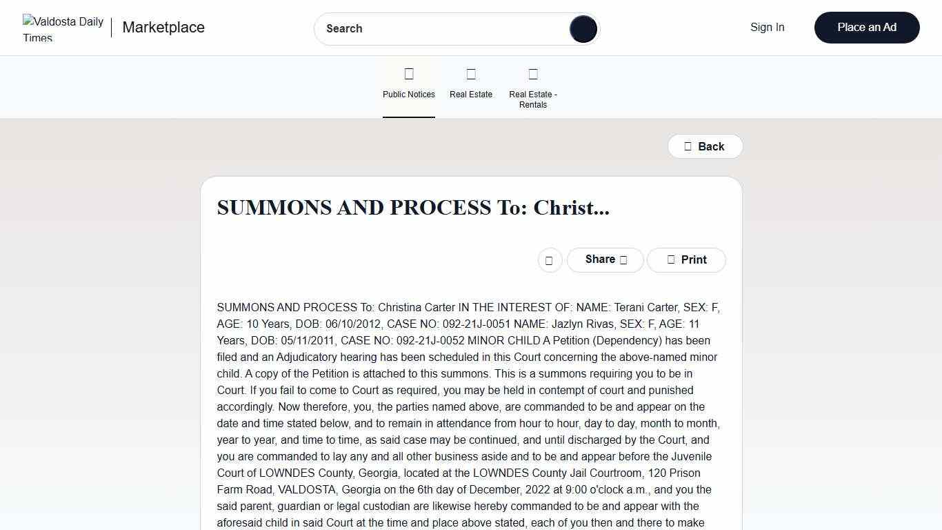 Valdosta Daily Times Classifieds Public Notices SUMMONS AND PROCESS To: Christ...